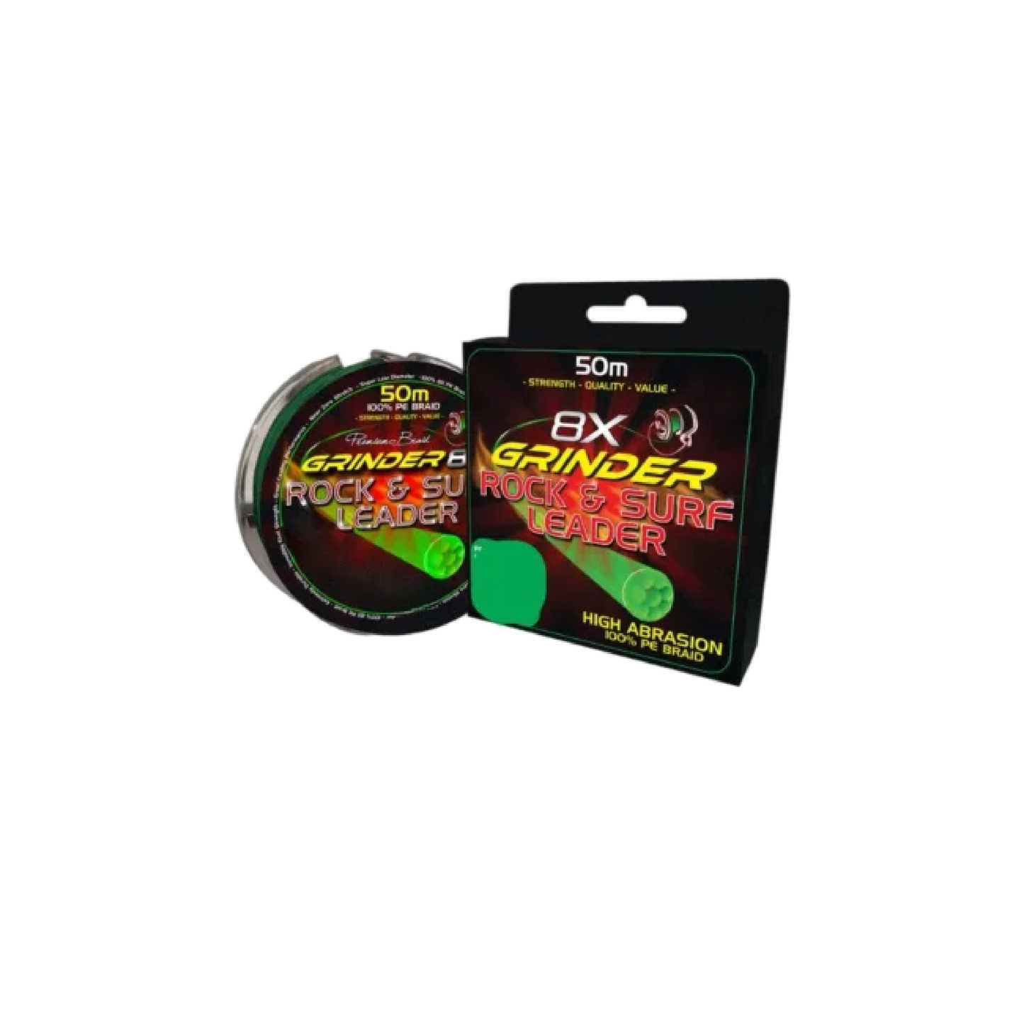 GRINDER Braid Leaders green braided fishing leader line designed for high-strength surf fishing and abrasion resistance.