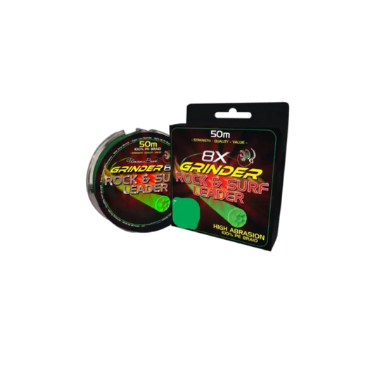 GRINDER Braid Leaders green braided fishing leader line designed for high-strength surf fishing and abrasion resistance.