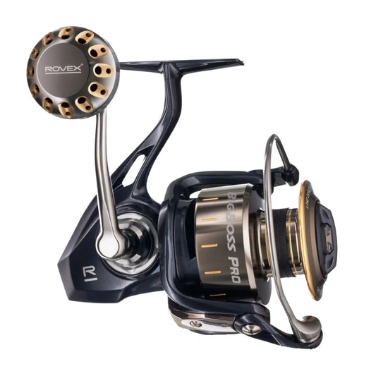 Rovex Big Boss Pro heavy-duty saltwater spinning reel with aluminium body and carbon fibre drag for offshore and surf fishing.