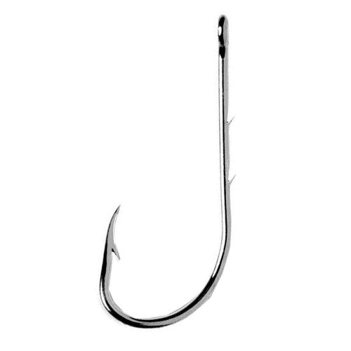VMC Faultless Baitholder fishing hook with dual bait-holding barbs and nickel-plated finish for freshwater and saltwater fishing.